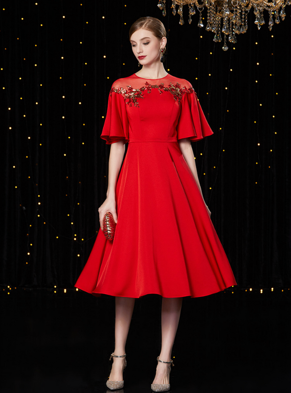 Simple Red Satin Sequins Horn Sleeve Knee Length Mother Of The Bride Dress