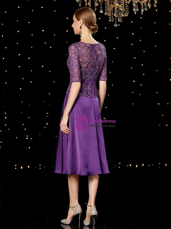 Fancy Purple V-neck Satin Lace Short Sleeve Mother of the Bride Dress