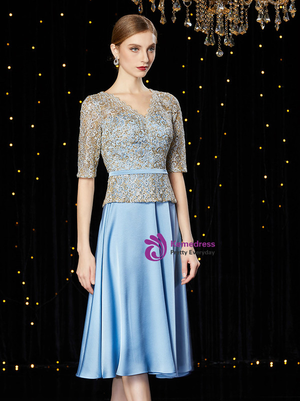 Fashionable Blue Satin Lace V-neck Short Sleeve Knee Length Mother of the Bride Dress