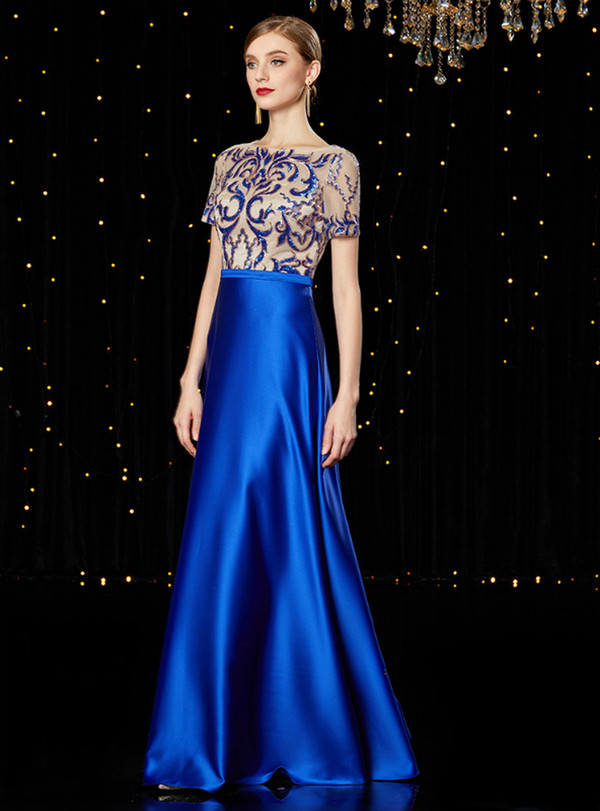 Advanced Royal Blue Satin Sequins Short Sleeve Mother of the Bride Dress