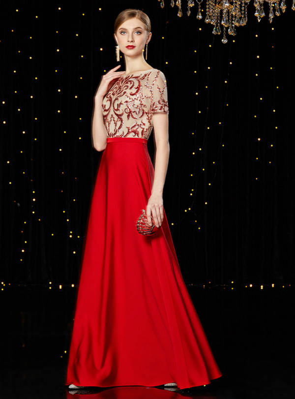 Amazing Red Satin Sequins Short Sleeve Mother of the Bride Dress