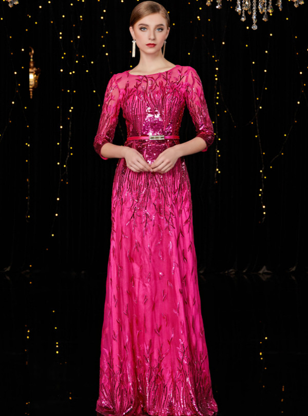Latest Fuchsia Tulle Sequins 3/4 Short Sleeve Mother of the Bride Dress With Sash