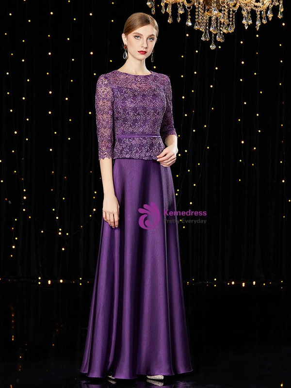 Glamorous Purple Satin Sequins Lace Half Sleeve Long Mother of the Bride Dress