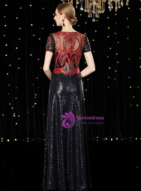 Amazing Black Red Sequins Short Sleeve Scoop Neck Long Mother of the Bride Dress