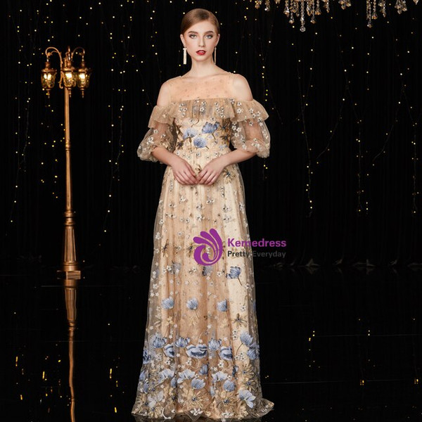 Queenly Champagne Tulle Embrodiery Puff Sleeve Cold Shoulder Mother of the Bride Dress