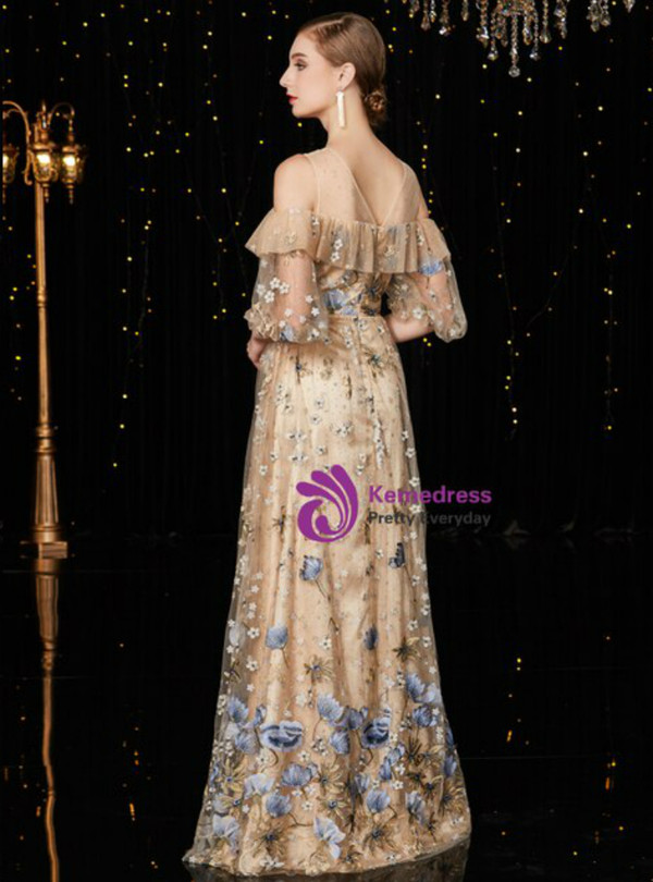 Queenly Champagne Tulle Embrodiery Puff Sleeve Cold Shoulder Mother of the Bride Dress