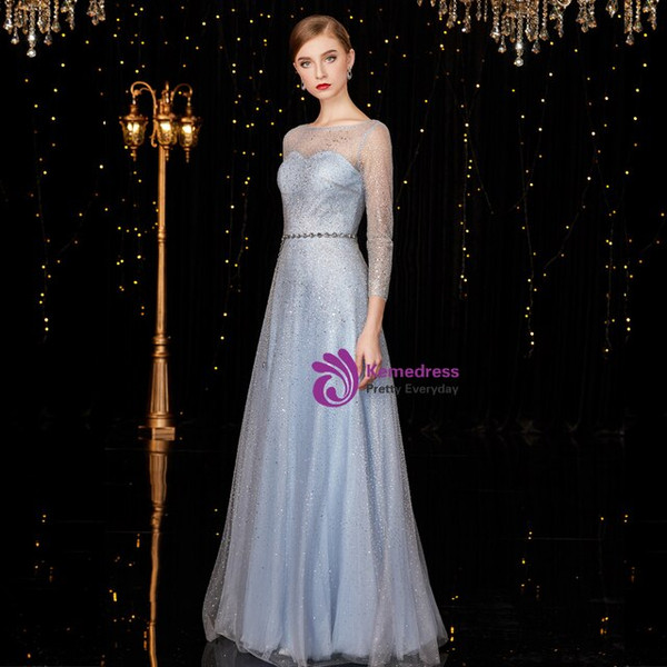 Trendy Gray Blue Tulle Sequins Long Sleeve Mother of the Bride Dress With Belt