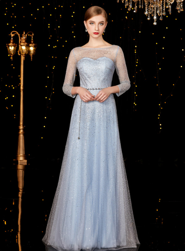 Trendy Gray Blue Tulle Sequins Long Sleeve Mother of the Bride Dress With Belt