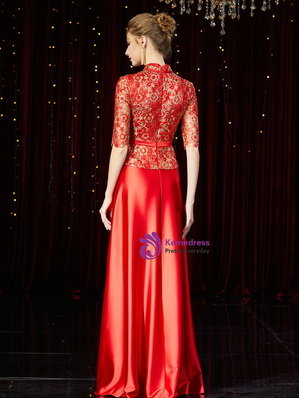 Advanced Red Satin Lace Short Sleeve High Neck Mother of the Bride Dress