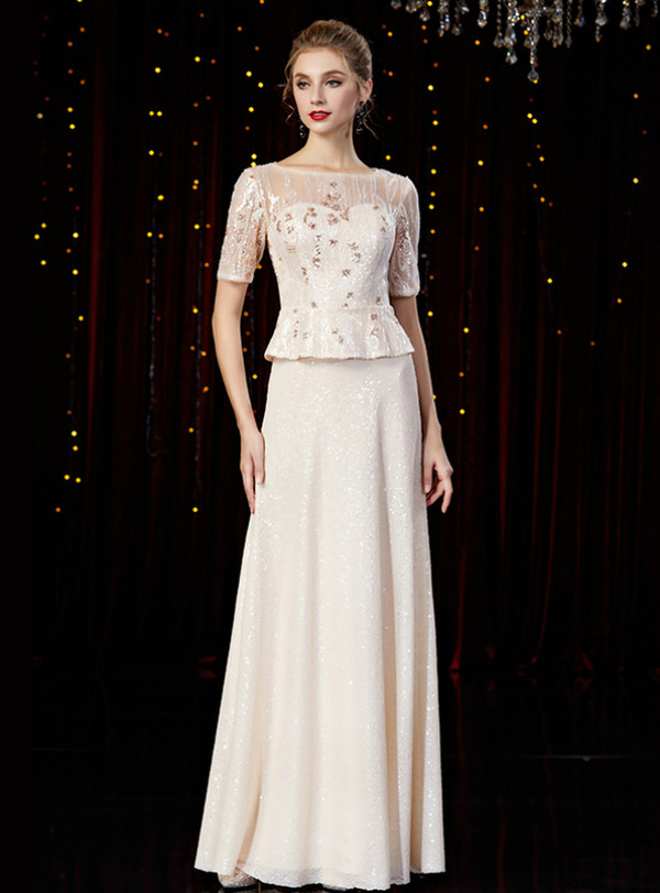 Elegance Champagne Sequins Bateau Short Sleeve Mother of the Bride Dress