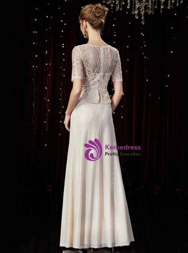 Elegance Champagne Sequins Bateau Short Sleeve Mother of the Bride Dress