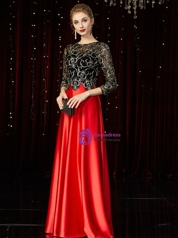 Queenly Red Satin Black Lace 3/4 Sleeve Mother of the Bride Dress