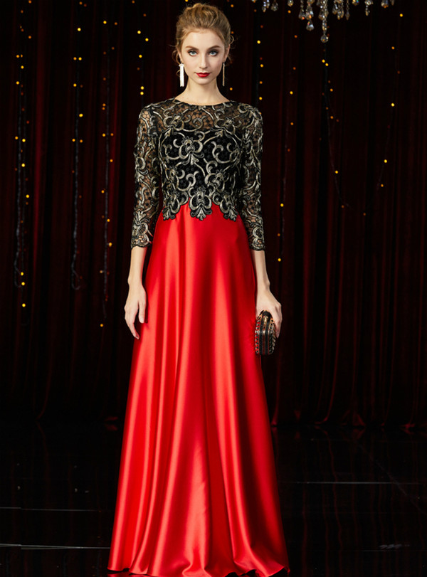 Queenly Red Satin Black Lace 3/4 Sleeve Mother of the Bride Dress