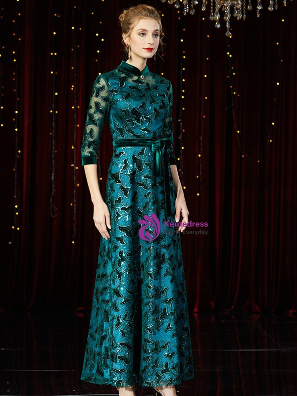 Delicate Green Sequins High Neck 3/4 Sleeve Long Mother of the Bride Dress