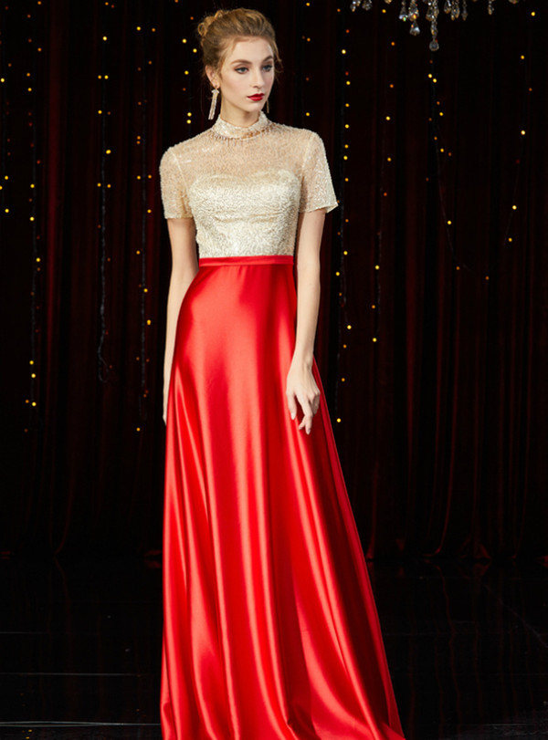 Dreamy Red Satin Champagne Sequins Short Sleeve Mother of the Bride Dress
