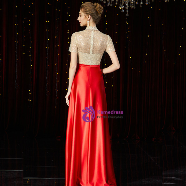 Dreamy Red Satin Champagne Sequins Short Sleeve Mother of the Bride Dress