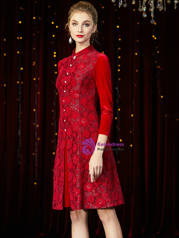 Winsome Burgundy Lace Velvet Long Sleeve Knee Length Mother of the Bride Dress