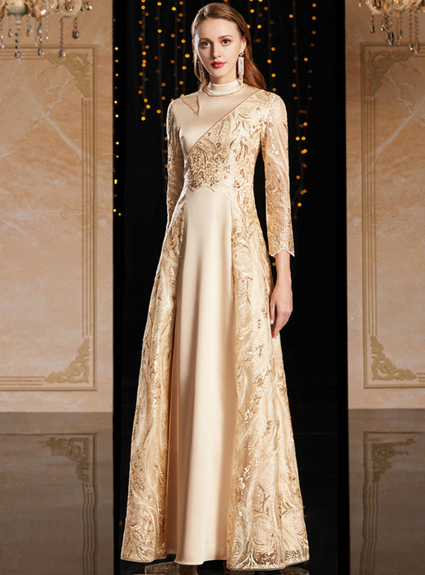 Fantastic Champagne Tulle Satin 3/4 Sleeve High Neck Mother Of The Bride Dress