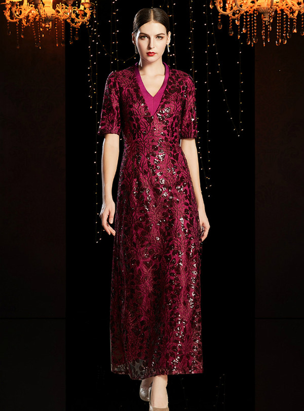 Modest Burgundy Lace Sequins V-neck Short Sleeve Ankle Length Mother Of The Bride Dress