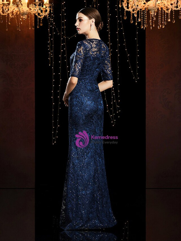 High quality Navy Blue Lace Sequins Scoop Short Sleeve Mother of the Bride Dress