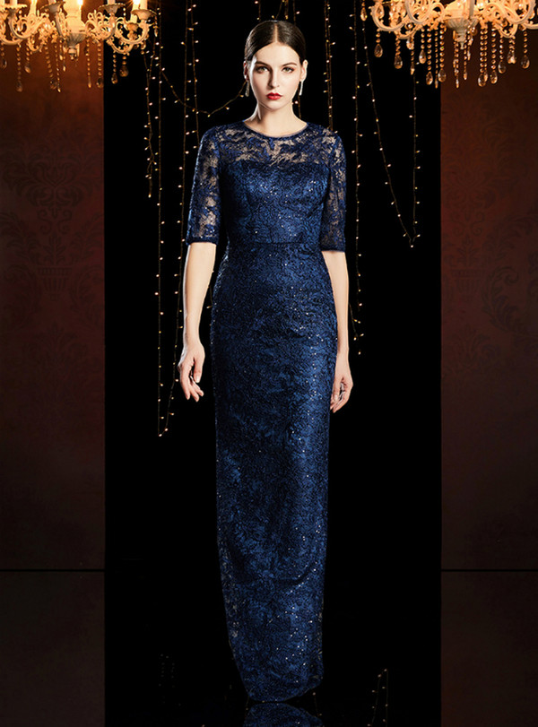 High quality Navy Blue Lace Sequins Scoop Short Sleeve Mother of the Bride Dress