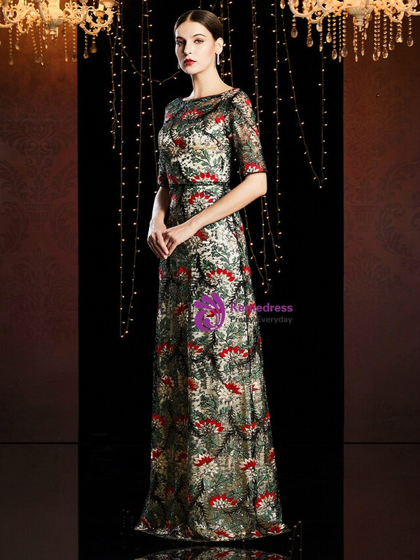 Noble Colorful Lace Short Sleeve Bateau Neck Long Mother of the Bride Dress