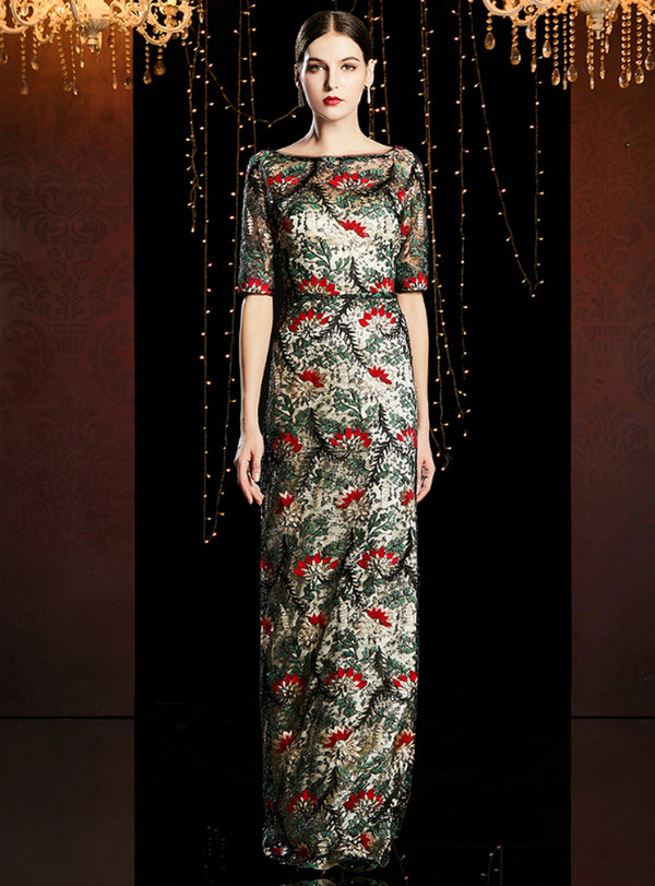 Noble Colorful Lace Short Sleeve Bateau Neck Long Mother of the Bride Dress