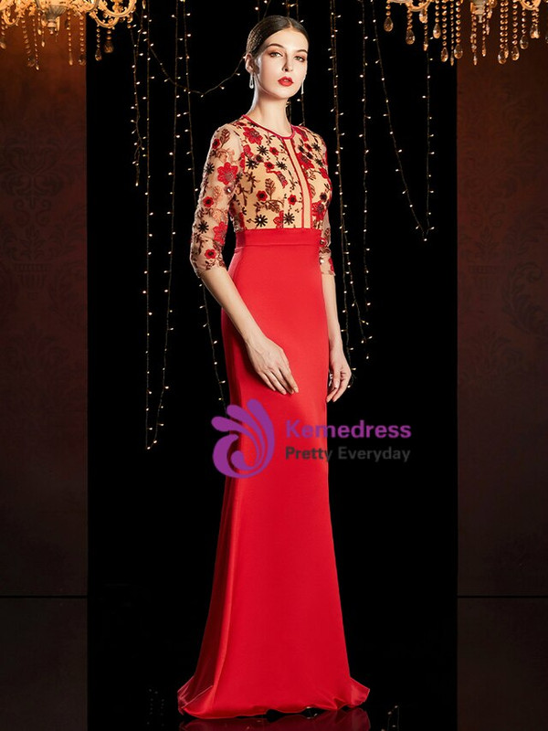 Hot Sale Red Satin 3/4 Sleeve Embroidery Appliques Long Mother of the Bride Dress