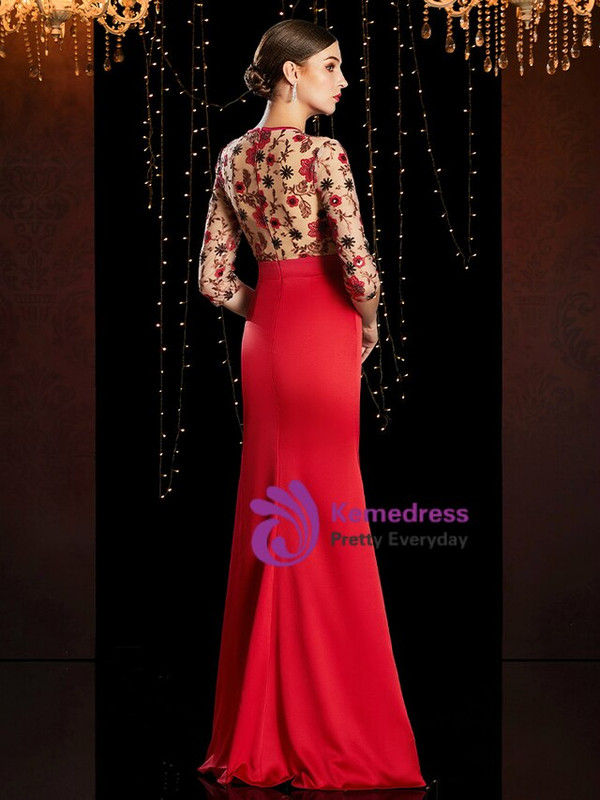Hot Sale Red Satin 3/4 Sleeve Embroidery Appliques Long Mother of the Bride Dress