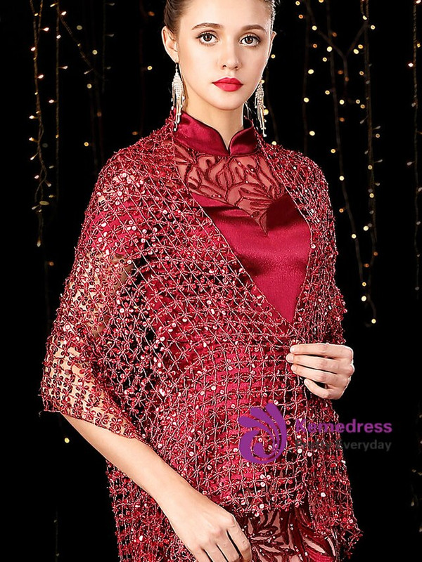 Attractive Burgundy Mermaid Lace Sequins High Neck Short Sleeve Mother of the Bride Dress