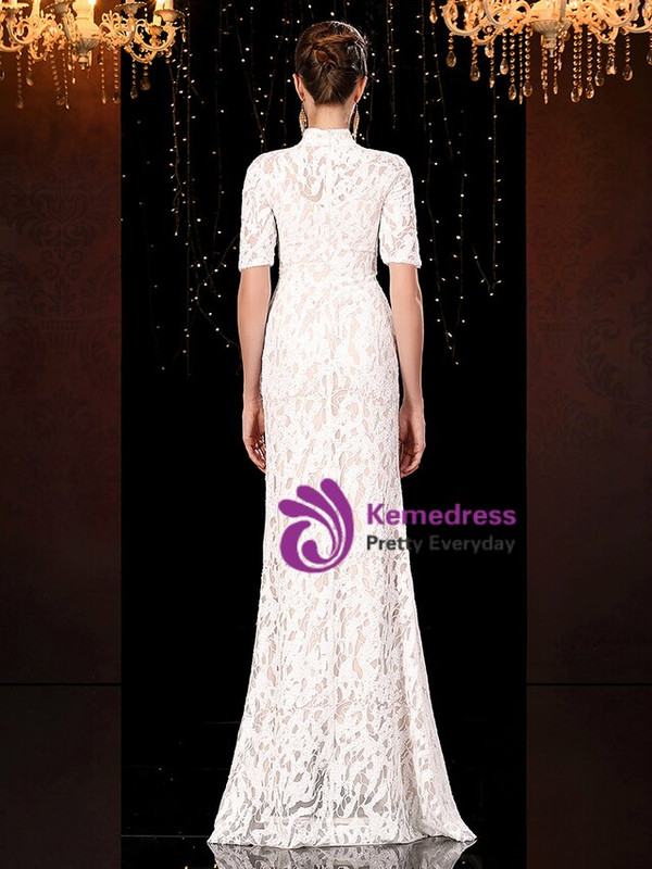 Fashionable Whit Mermaid Lace Sequins High Neck Short Sleeve Mother Of The Bride Dress