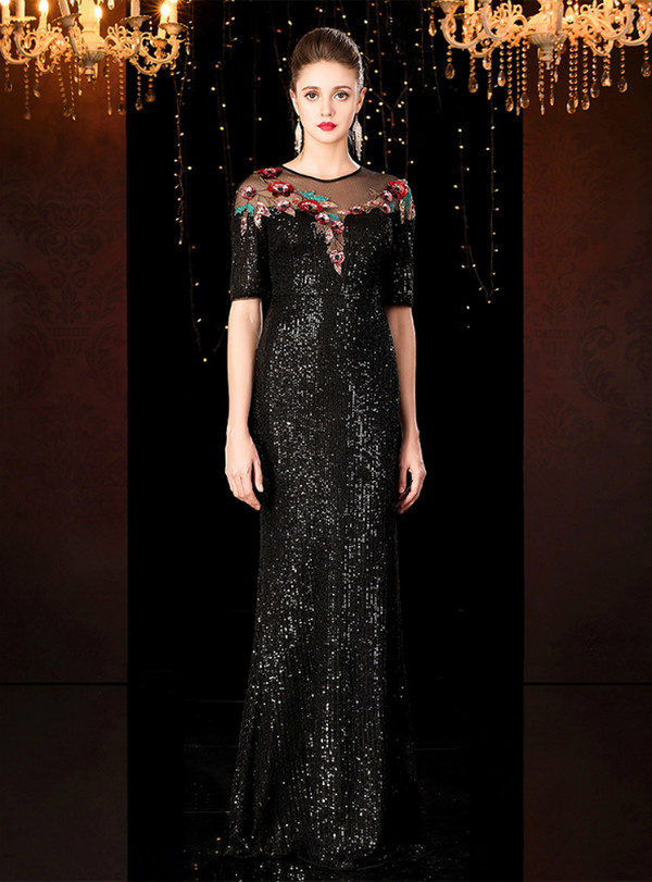 Trendy Black Mermaid Sequins Short Sleeve Embroidery Appliques Mother of the Bride Dress