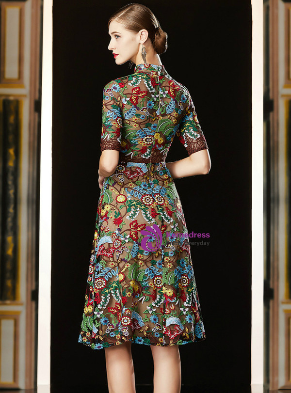 Incomparable Embroidery Lace Appliques High Neck Short Sleeve Knee Length Mother Of The Bride Dress