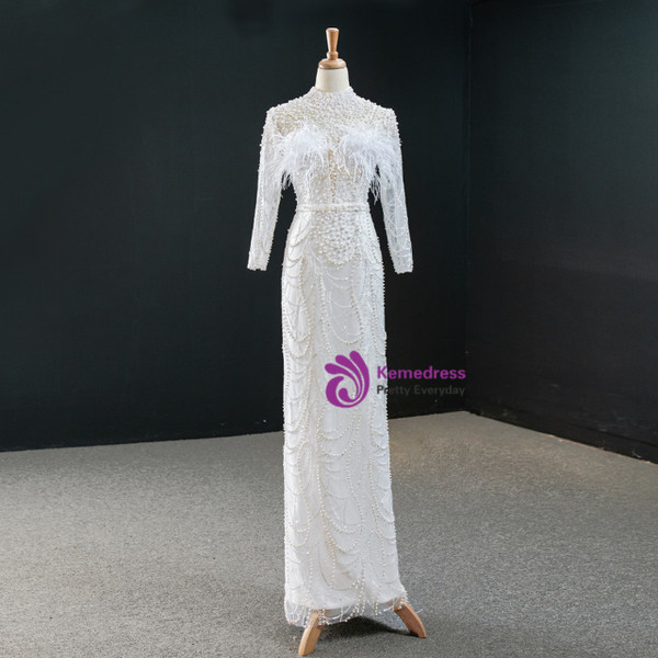 Stunning White Tulle High Neck Long Sleeve Peals Feather Prom Dress With Removable Train