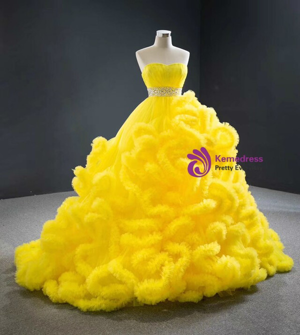 Fabulous Yellow Ball Gown Tulle Ruffles Sweetheart Crystal Beading Prom Dress
