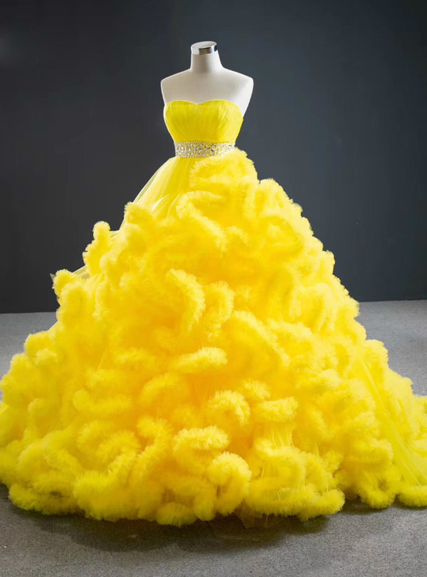 Fabulous Yellow Ball Gown Tulle Ruffles Sweetheart Crystal Beading Prom Dress
