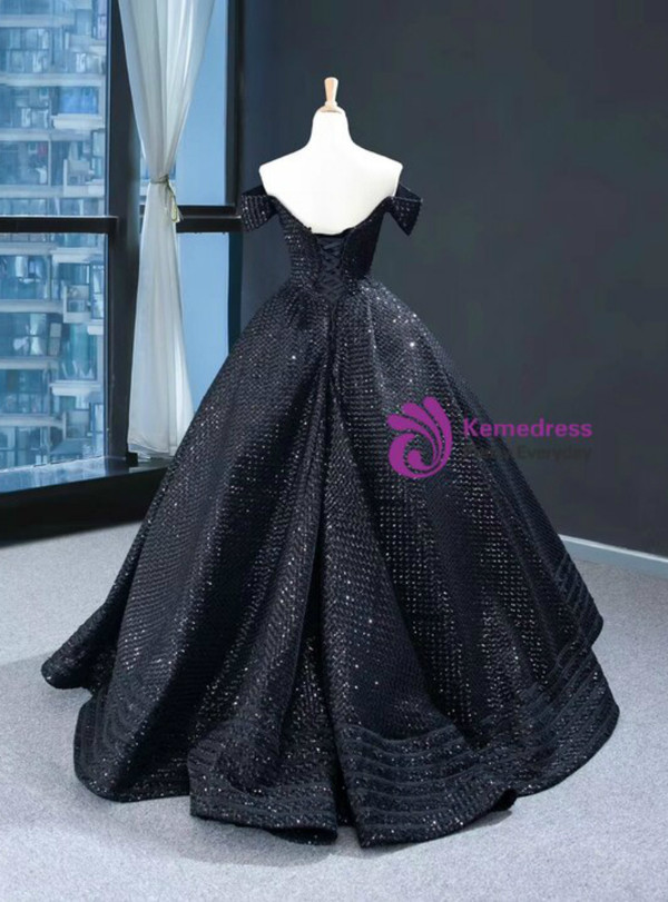 Fancy Black Ball Gown Hi Lo Sequins Pleats Off the Shoulder Prom Dress