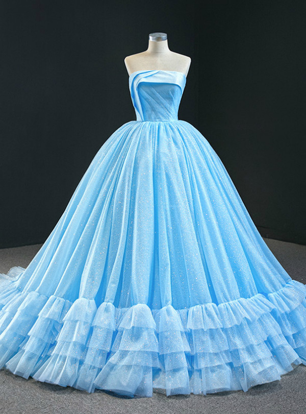 New arrivals Blue Ball Gown Sequins Strapless Pleats Sleeveless Tiers Prom Dress