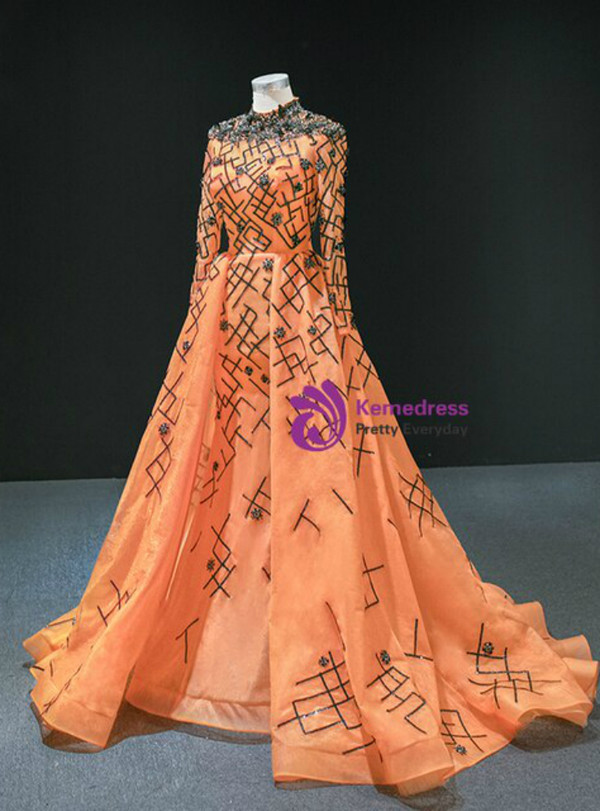 Winsome Orange Ball Gown Tulle Sequins Long Sleeve High Neck Beading Prom Dress