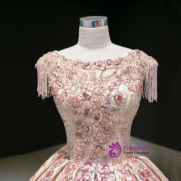 Attractive Pink Satin Sequins Cap Sleeve Embroidery Beading Pleats Prom Dress
