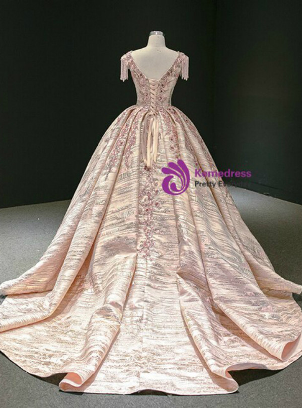 Attractive Pink Satin Sequins Cap Sleeve Embroidery Beading Pleats Prom Dress