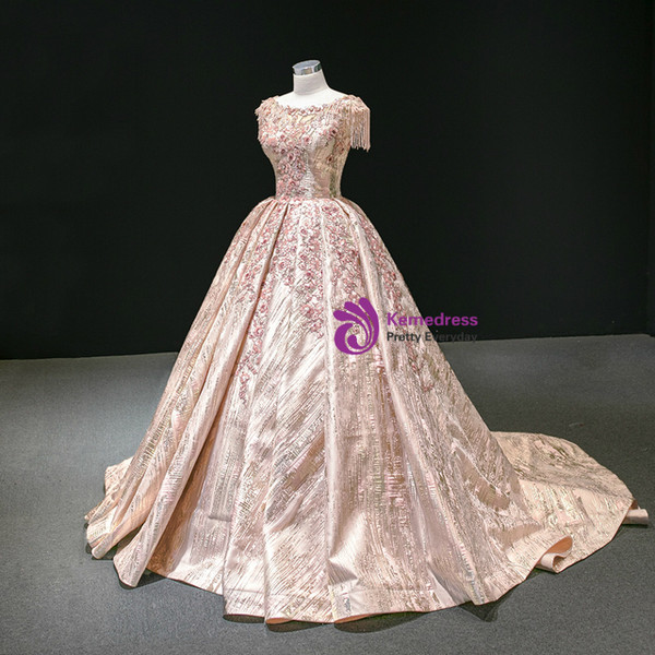 Attractive Pink Satin Sequins Cap Sleeve Embroidery Beading Pleats Prom Dress