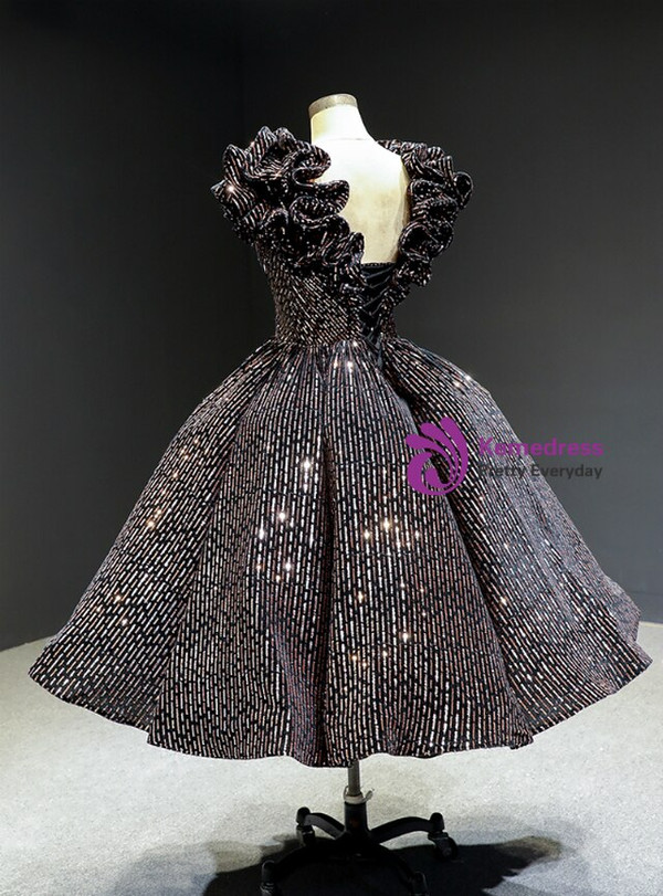 Popular Coffee Ball Gown Sequins V-neck Short Ruffles Tea Length Prom Dress