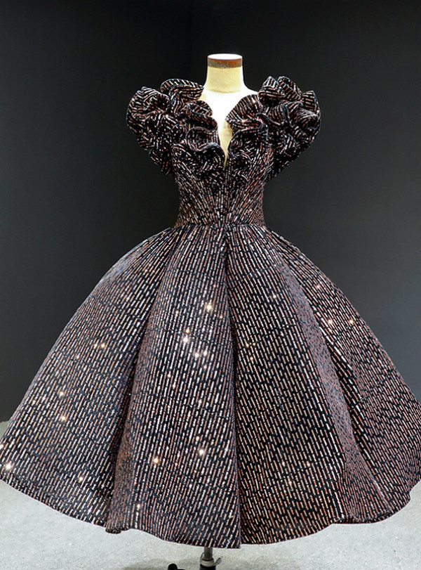 Popular Coffee Ball Gown Sequins V-neck Short Ruffles Tea Length Prom Dress