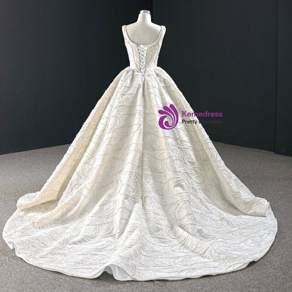 Eye-catching Champagne Ball Gown Tulle Pearls Square Neck Sleeveless Wedding Dress
