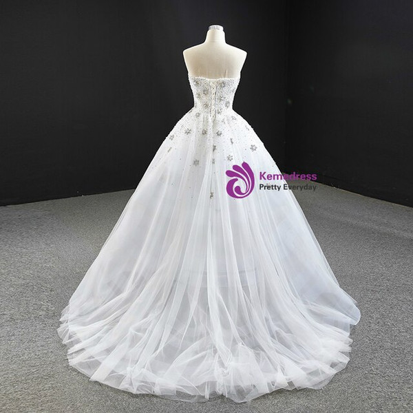 Fantastic White Ball Gown Tulle Strapless Beading Sequins Long Prom Dress