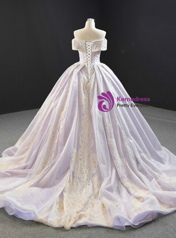 Impressive Light Purple Tulle Lace Appliques Off the Shoulder Prom Dress