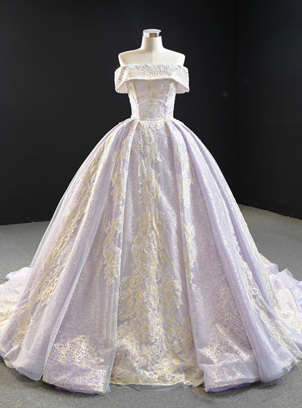Impressive Light Purple Tulle Lace Appliques Off the Shoulder Prom Dress