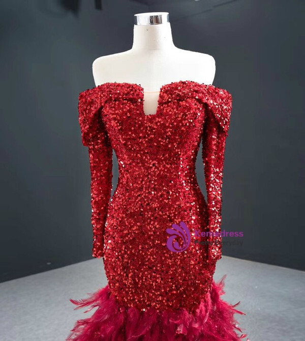 Popular Burgundy Mermaid Sequins Off the Shoulder Long Sleeve Prom Dress With Feather