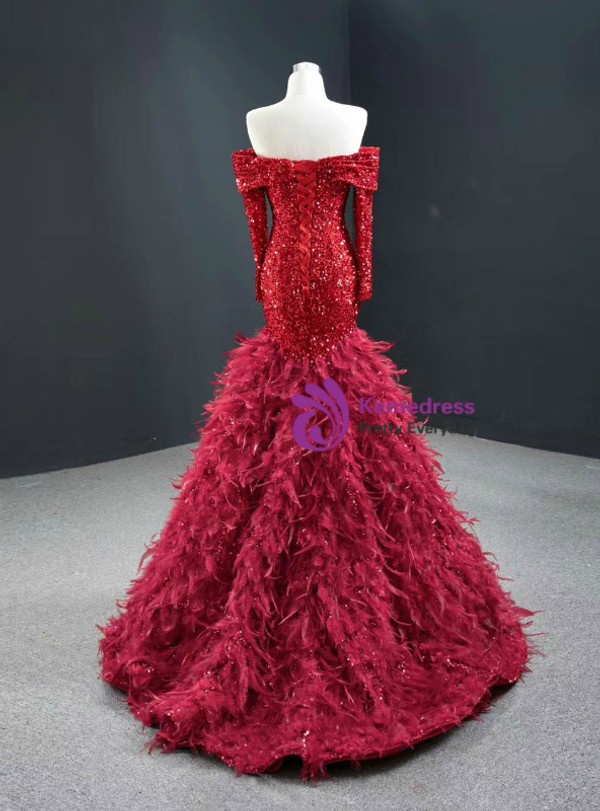 Popular Burgundy Mermaid Sequins Off the Shoulder Long Sleeve Prom Dress With Feather